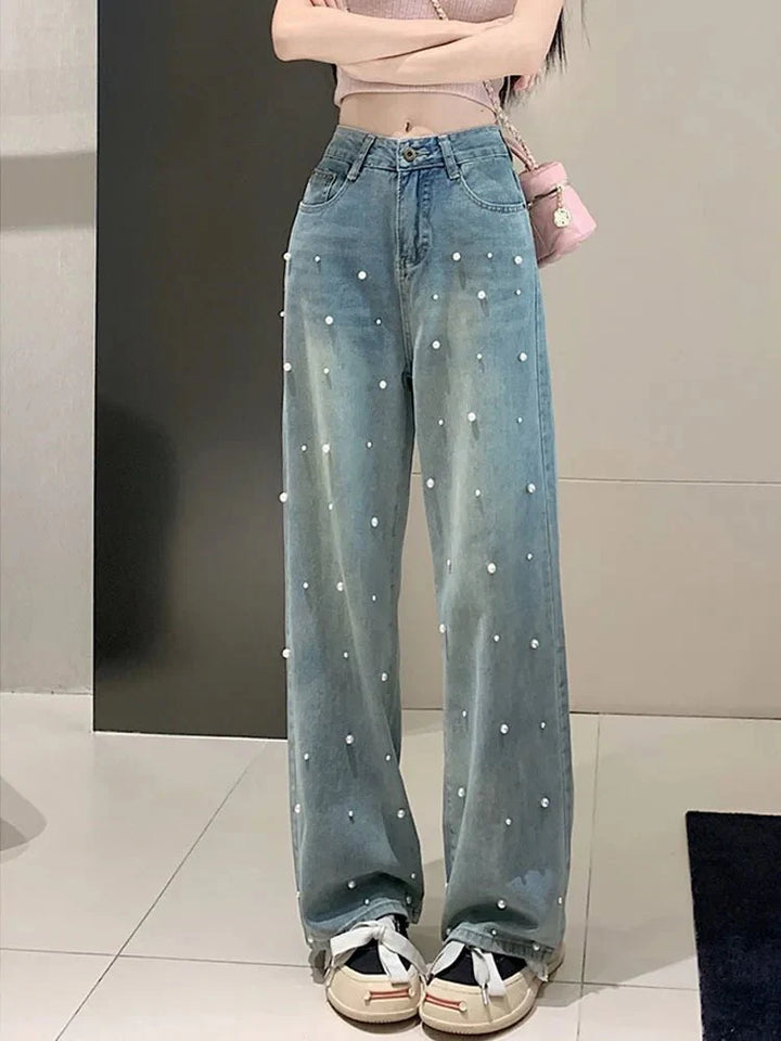 Wide-Leg Pearl Embellished Jeans | High-Waisted | Statement Denim | Casual Glam