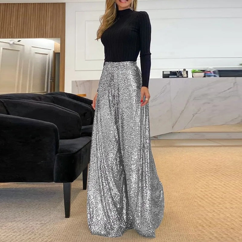 High-Waist Sequin Wide-Leg Pants | Evening Glam Look | Flowing Party Fit