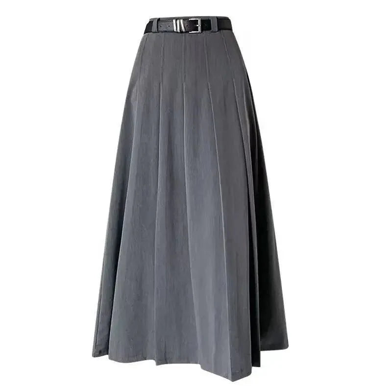 High-Waisted Pleated Midi Skirt | Belted | Structured A-Line Silhouette