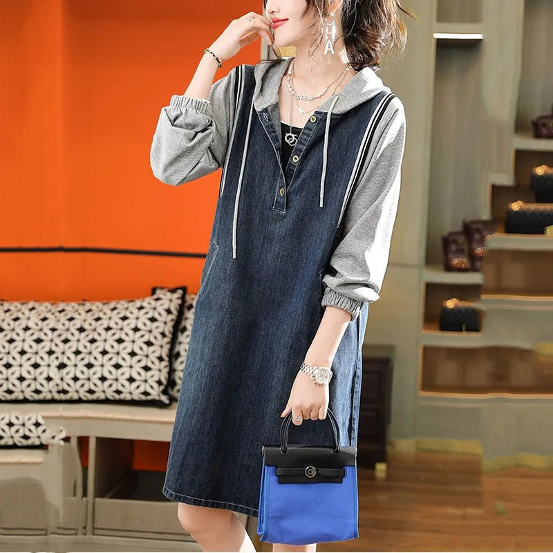 Isavellea - Hooded Denim Patchwork Sweatshirt Dress