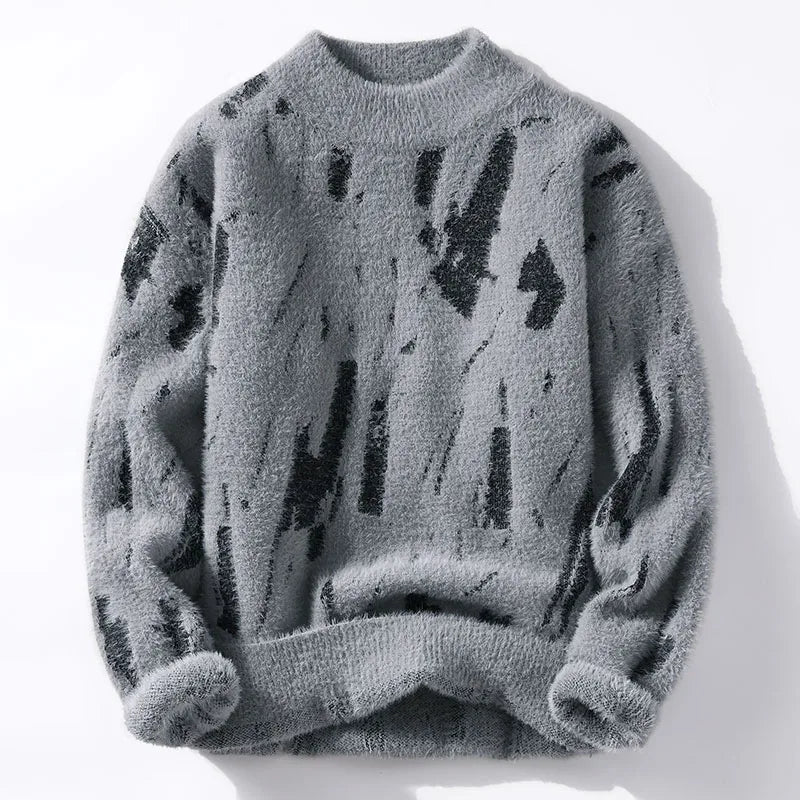 Fuzzy Abstract Print Sweater | Relaxed Fit with Brushed Texture