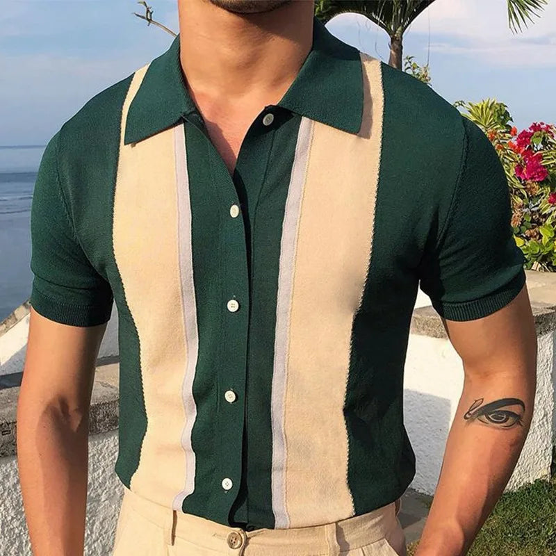 Men’s Retro Knit Polo Shirt | Short Sleeve Button-Up | Soft Stretch Patterned Top