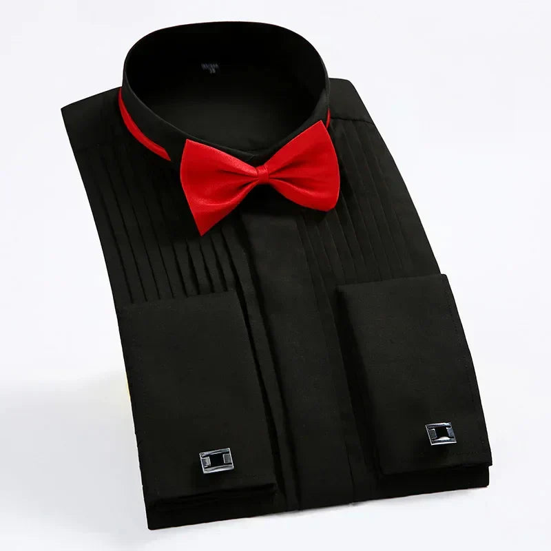 Men’s Formal Dress Shirt with Detachable Red Bow Tie | Slim Fit Evening Wear