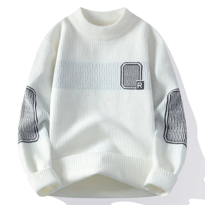 Men’s Ribbed Knit Sweater with Elbow Patches | Graphic Crewneck Pullover