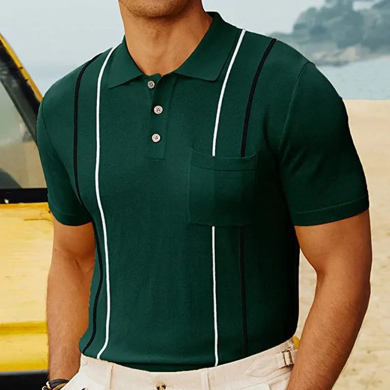Men’s Retro Knit Polo Shirt | Short Sleeve Button-Up | Soft Stretch Patterned Top