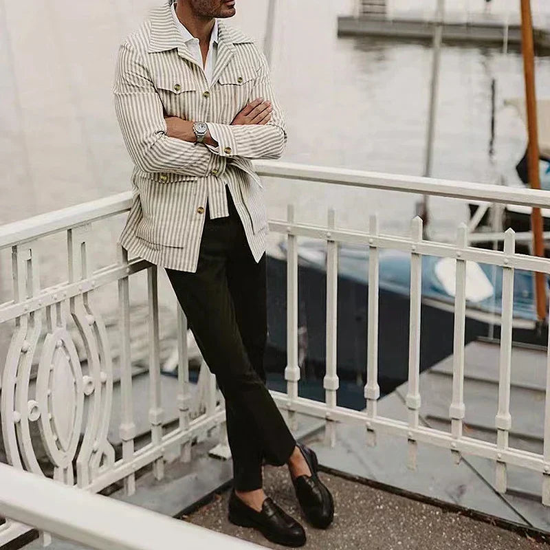 Men’s Belted Overshirt | Striped Button-Up with Utility Pockets