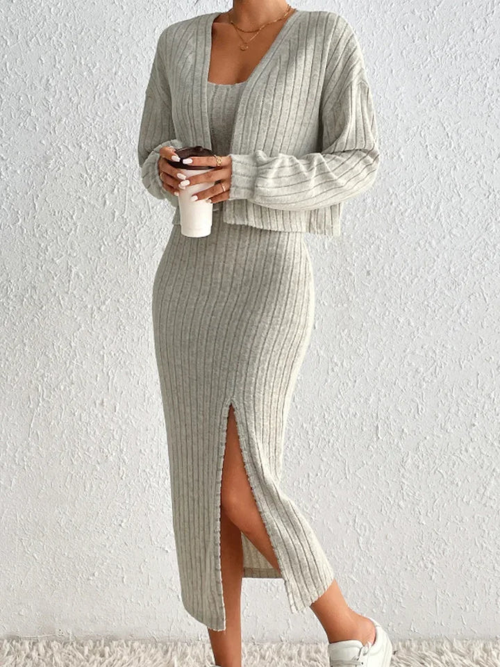 Two-Piece Knitted Set | Ribbed Texture | Casual Elegance | Neutral Beige