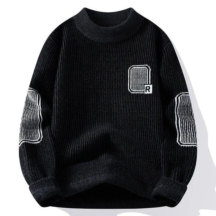 Men’s Ribbed Knit Sweater with Elbow Patches | Graphic Crewneck Pullover