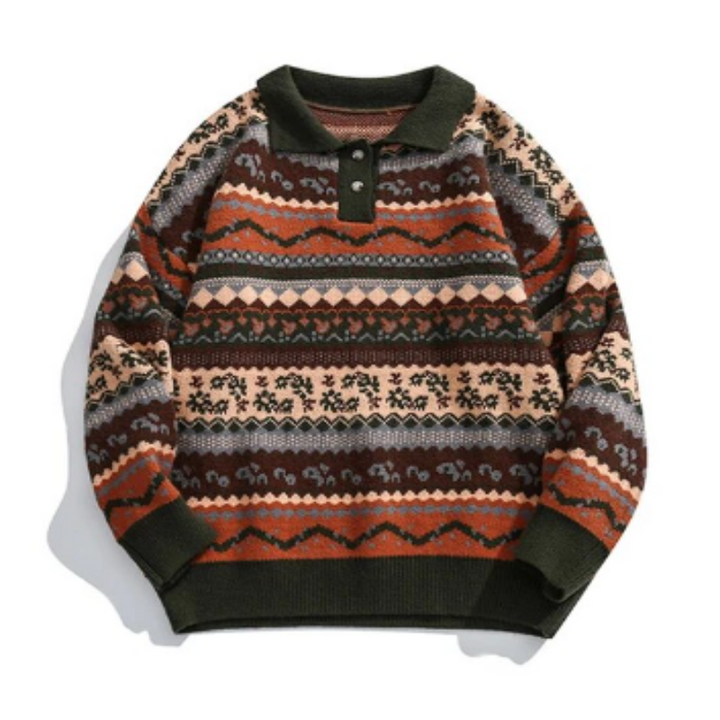 Pull homme en maille Fair Isle | Pull d'hiver à col boutonné | Pull à motif nordique