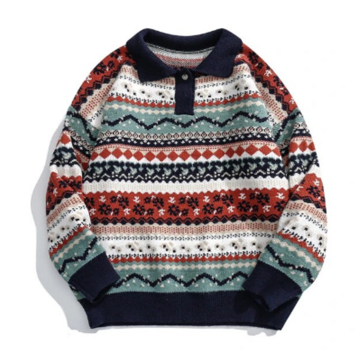 Pull homme en maille Fair Isle | Pull d'hiver à col boutonné | Pull à motif nordique