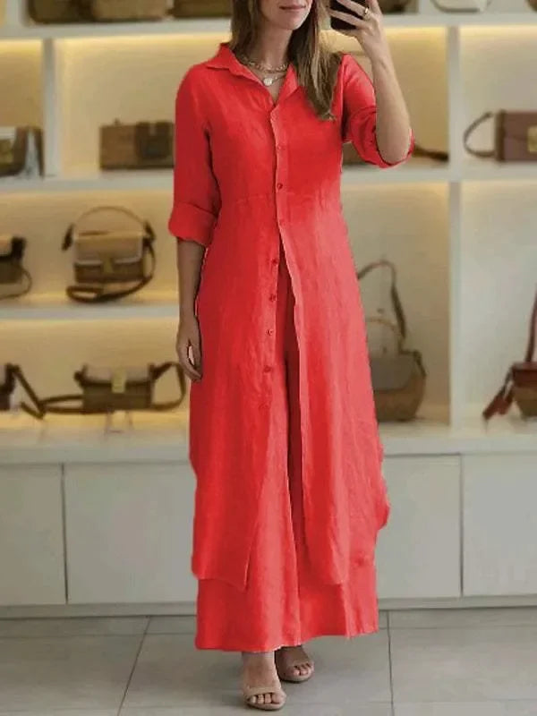 Bresina - Elegant linen set: long shirt dress and flowing trousers
