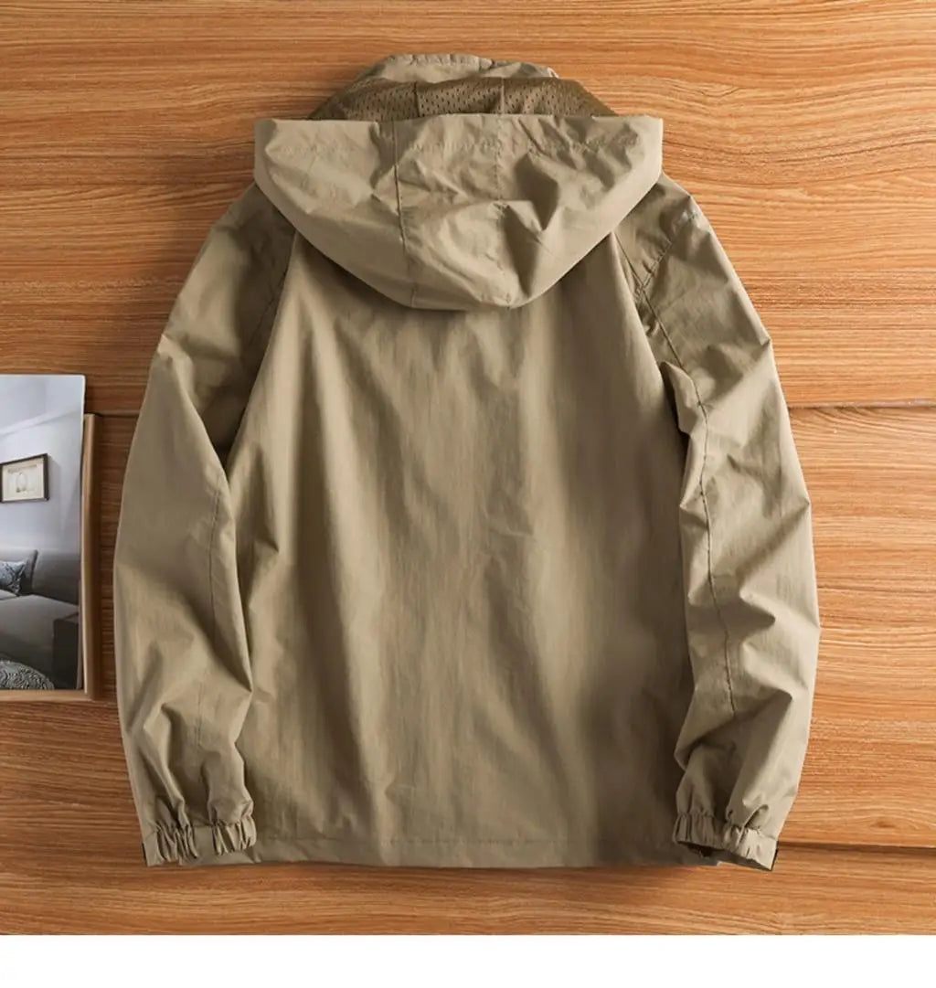 Men’s Khaki Windbreaker Jacket | Lightweight Shell | Adjustable Hood