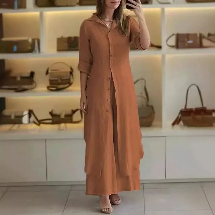 Bresina - Elegant linen set: long shirt dress and flowing trousers