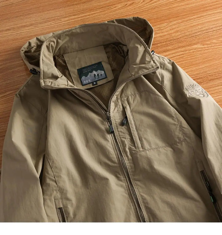Men’s Khaki Windbreaker Jacket | Lightweight Shell | Adjustable Hood