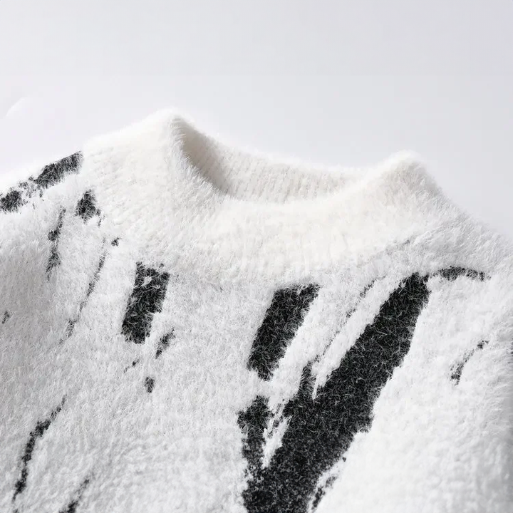 Fuzzy Abstract Print Sweater | Relaxed Fit with Brushed Texture