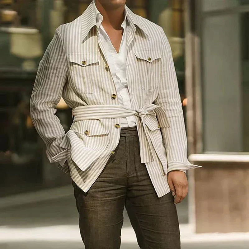 Men’s Belted Overshirt | Striped Button-Up with Utility Pockets