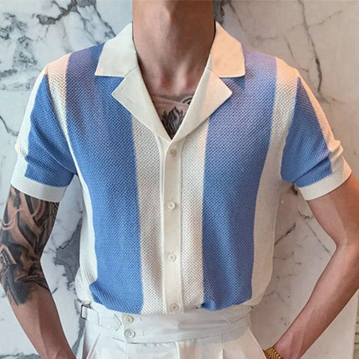 Men’s Retro Knit Polo Shirt | Short Sleeve Button-Up | Soft Stretch Patterned Top