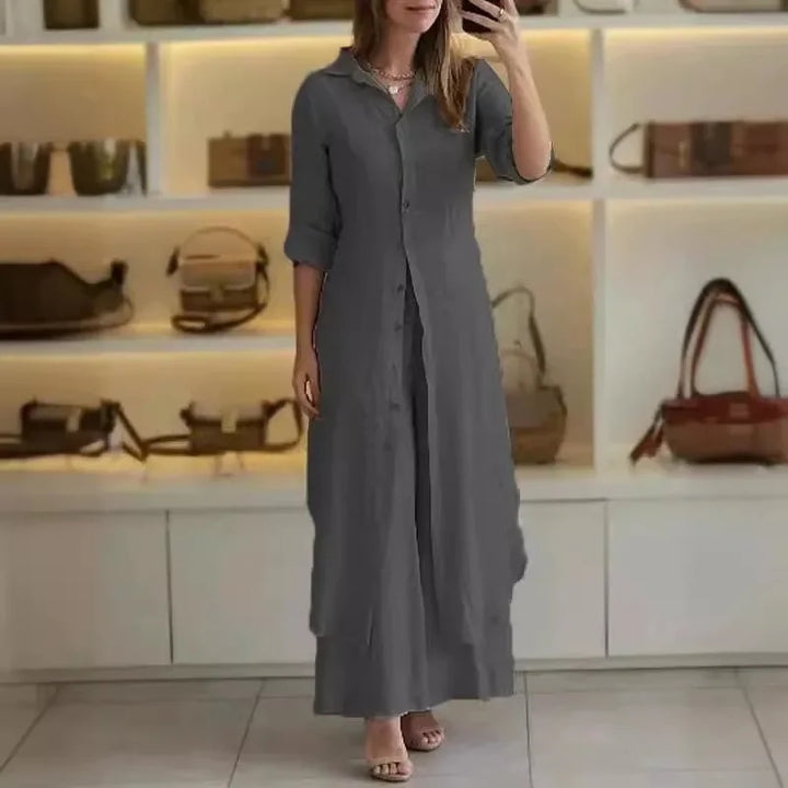 Bresina - Elegant linen set: long shirt dress and flowing trousers