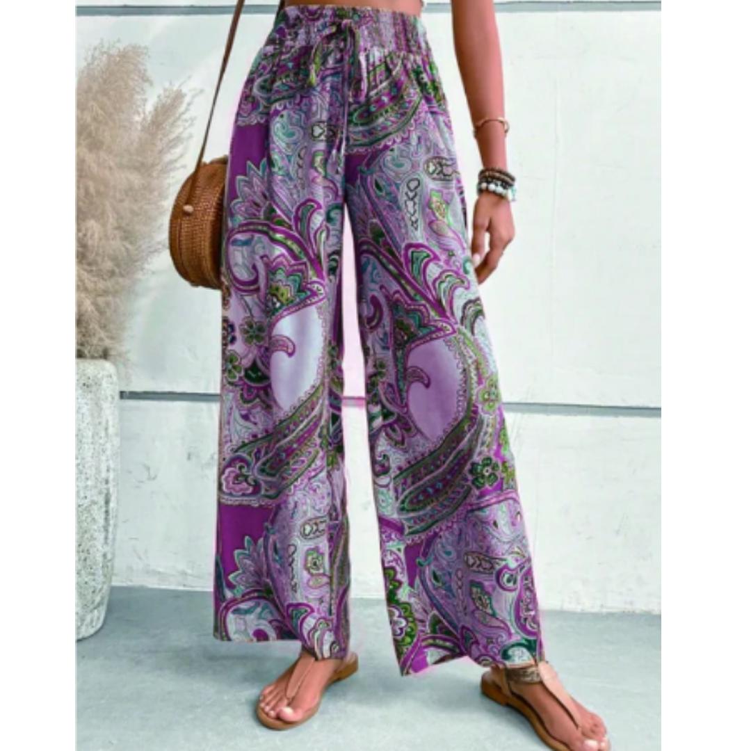 Women's Paisley Print Wide-Leg Pants | High-Waisted Lightweight Trousers | Boho Summer Outfit