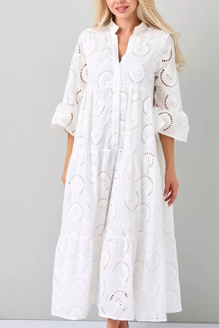 Noa - Cotton dress with embroidered sleeves and V-neck