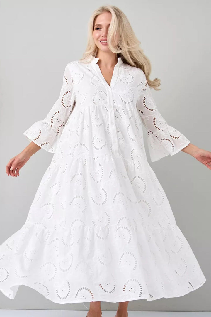 Noa - Cotton dress with embroidered sleeves and V-neck