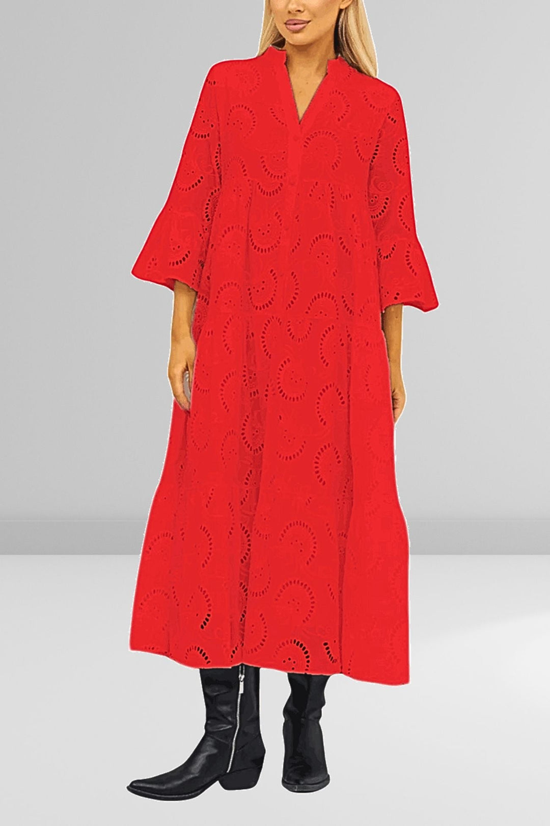 Noa - Cotton dress with embroidered sleeves and V-neck
