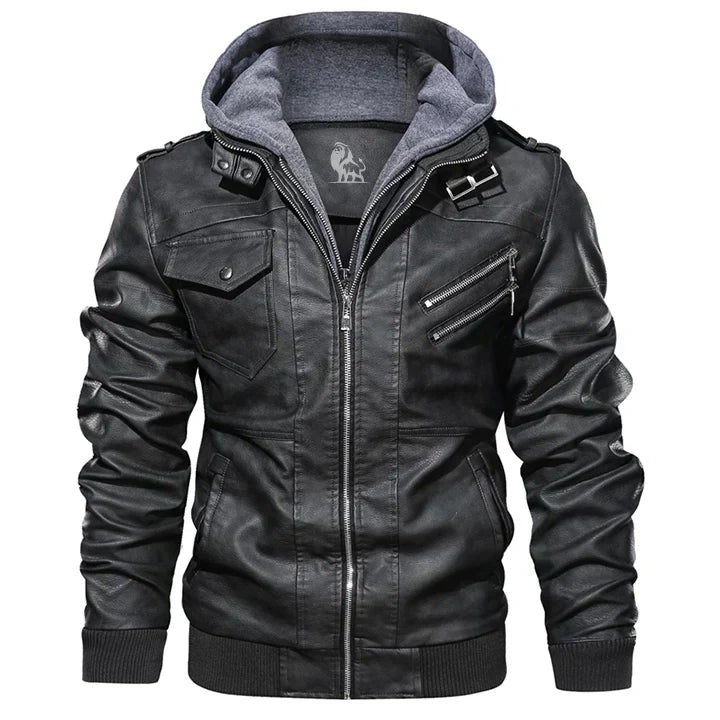 Men’s Faux Leather Jacket | Hooded Bomber Style | Lined for Cold Weather