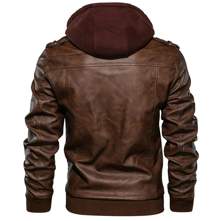 Men’s Faux Leather Jacket | Hooded Bomber Style | Lined for Cold Weather