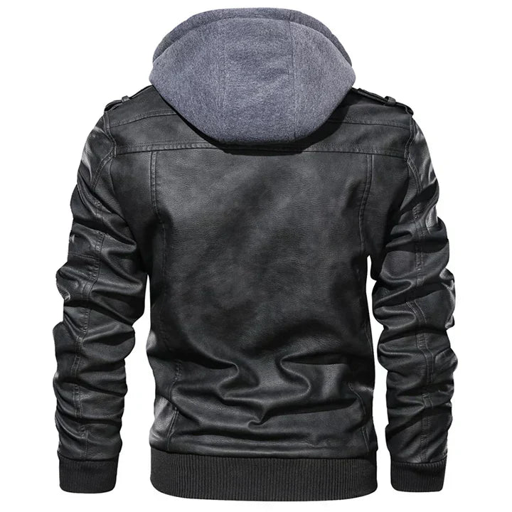 Men’s Faux Leather Jacket | Hooded Bomber Style | Lined for Cold Weather