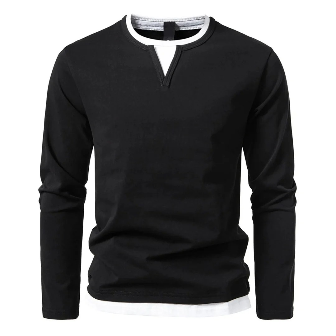 Men’s Long Sleeve V-Stitch Shirt | Cotton Layered Look Tee | Casual Split Neck Pullover