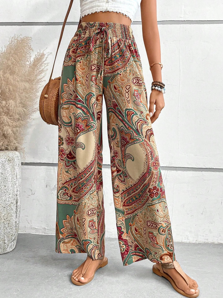Women's Paisley Print Wide-Leg Pants | High-Waisted Lightweight Trousers | Boho Summer Outfit