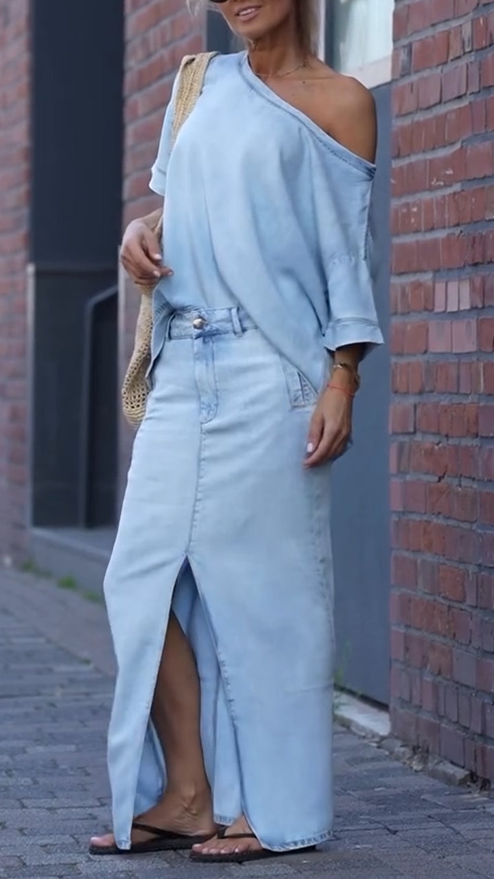 Mireya - Women's Casual Tencel Denim Set with Round Neckline