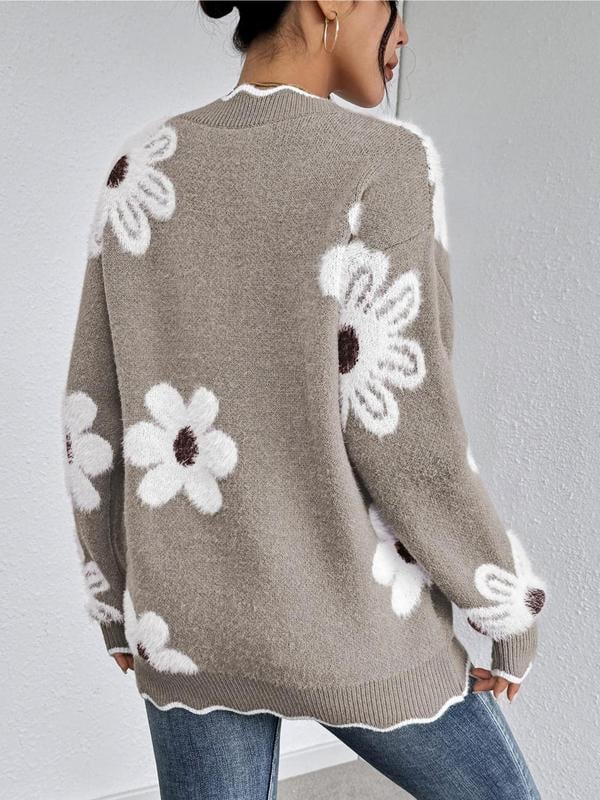 Odette - Elegant Floral Sweater with Scalloped Trim