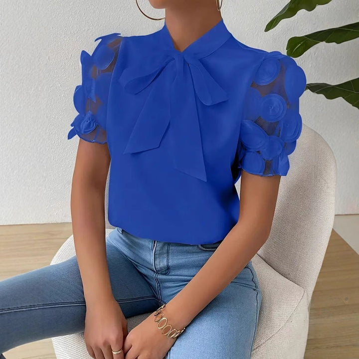 Cirelle - Plain lace summer blouse with bow and short sleeves