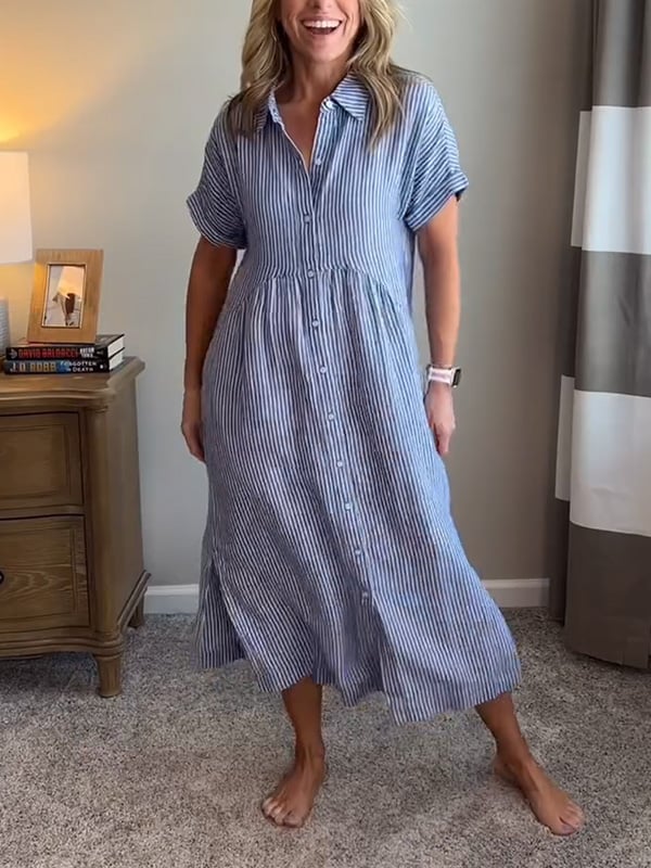 Melania - Striped shirt dress with lapels and buttons | With functional pockets