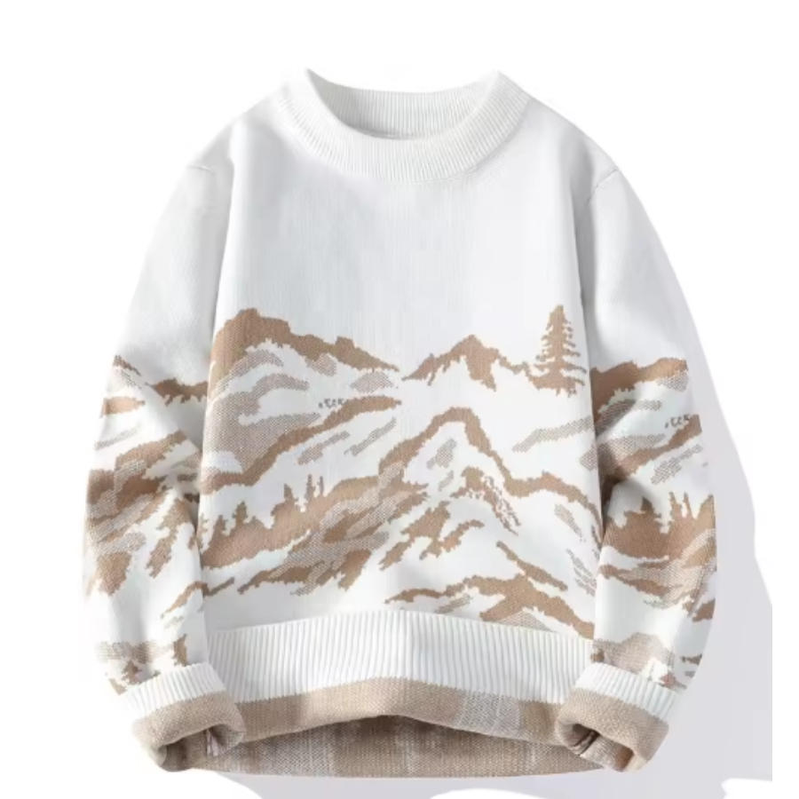 Men’s Mountain Graphic Knit Sweater | Jacquard Landscape Pullover | Cozy Statement Layer