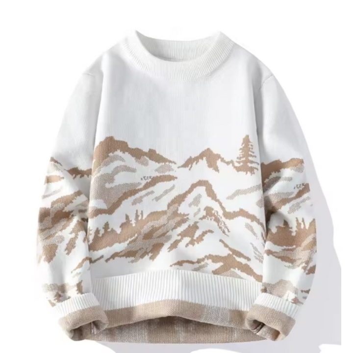 Men’s Mountain Graphic Knit Sweater | Jacquard Landscape Pullover | Cozy Statement Layer