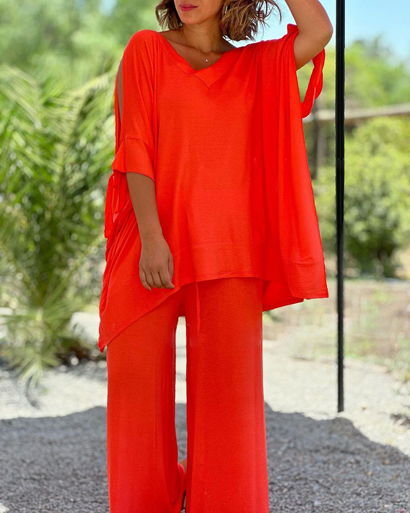 Ginevra - Casual Two-Piece V-Neck and Wide-Leg Pants Set
