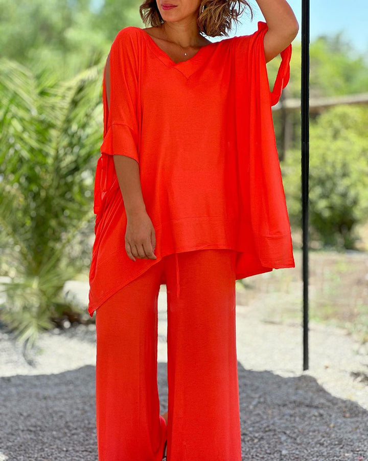 Ginevra - Casual Two-Piece V-Neck and Wide-Leg Pants Set