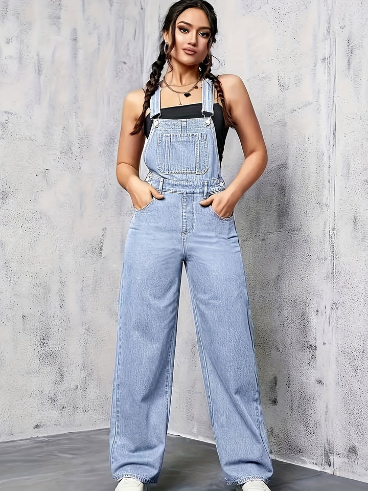 Wide-Leg Denim Overalls | Classic Light Wash | Relaxed Fit | Casual Everyday Style