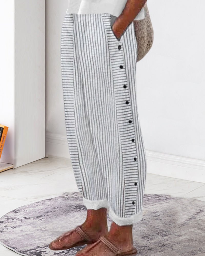 Striped Button Detail Pants | Cropped Hem | Relaxed Everyday Fit