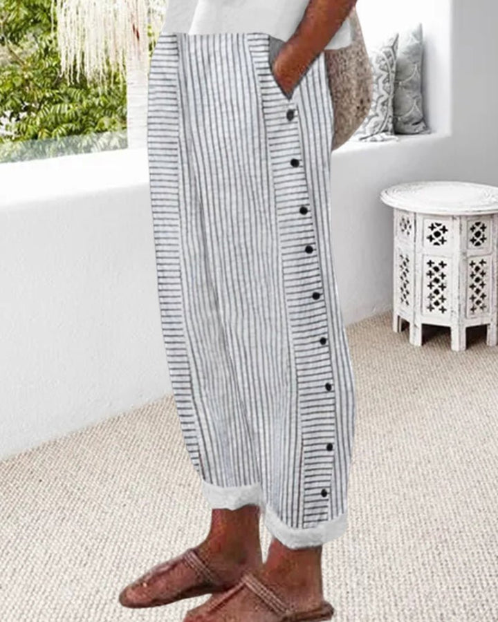 Striped Button Detail Pants | Cropped Hem | Relaxed Everyday Fit
