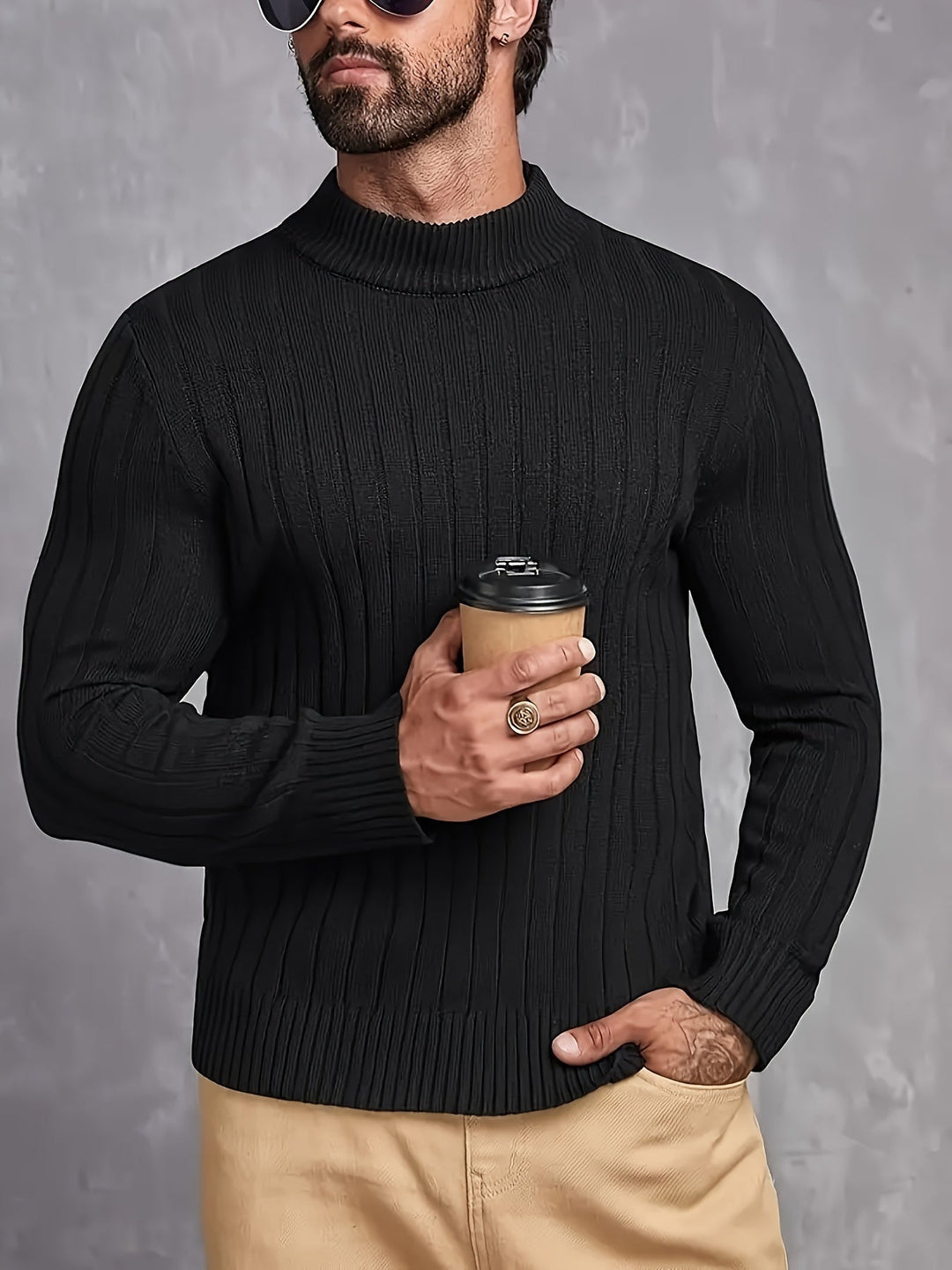 Men’s Ribbed Cable Knit Turtleneck | Heavyweight Winter Sweater | Classic Cold Weather Style