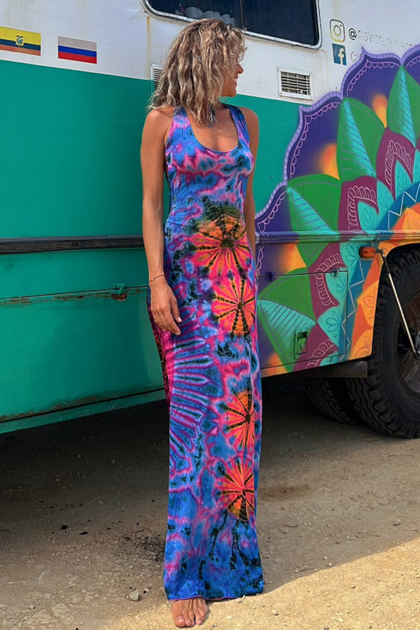 Junaria - Tie-dye print maxi dress with lace-up back, stretchy (with built-in bra)