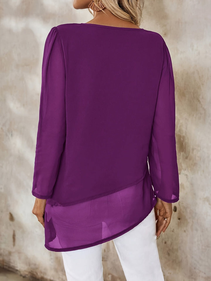 Corisande - Elegant Double Layer Blouse with Asymmetrical Hem and Light Sheerness