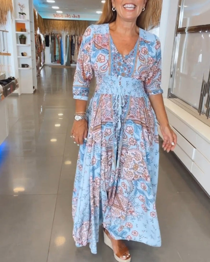 Helia - Holiday Dress with V-Neck and 3/4 Sleeves