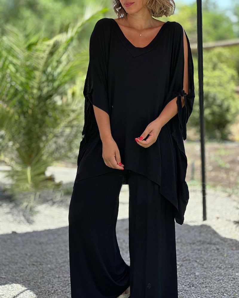 Ginevra - Casual Two-Piece V-Neck and Wide-Leg Pants Set