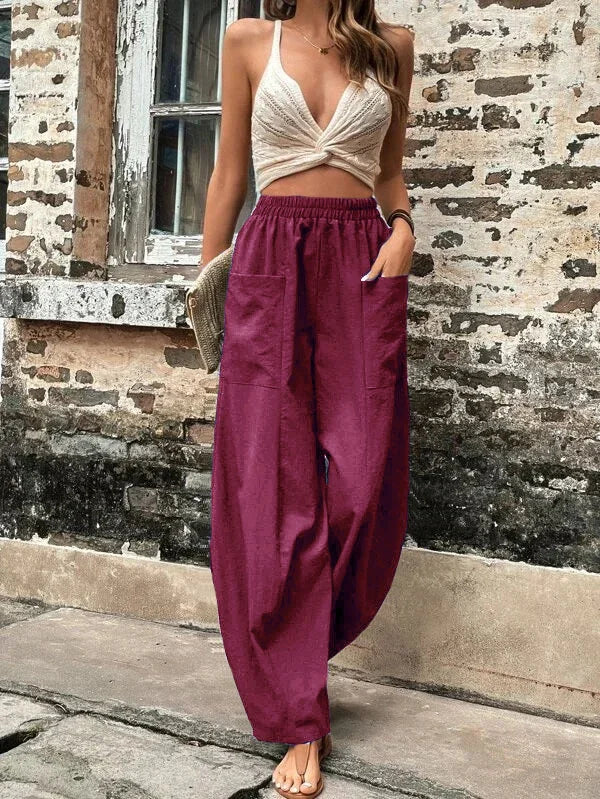 High-Waisted Wide-Leg Pants | Lightweight Linen Blend | Elastic Waist & Pockets