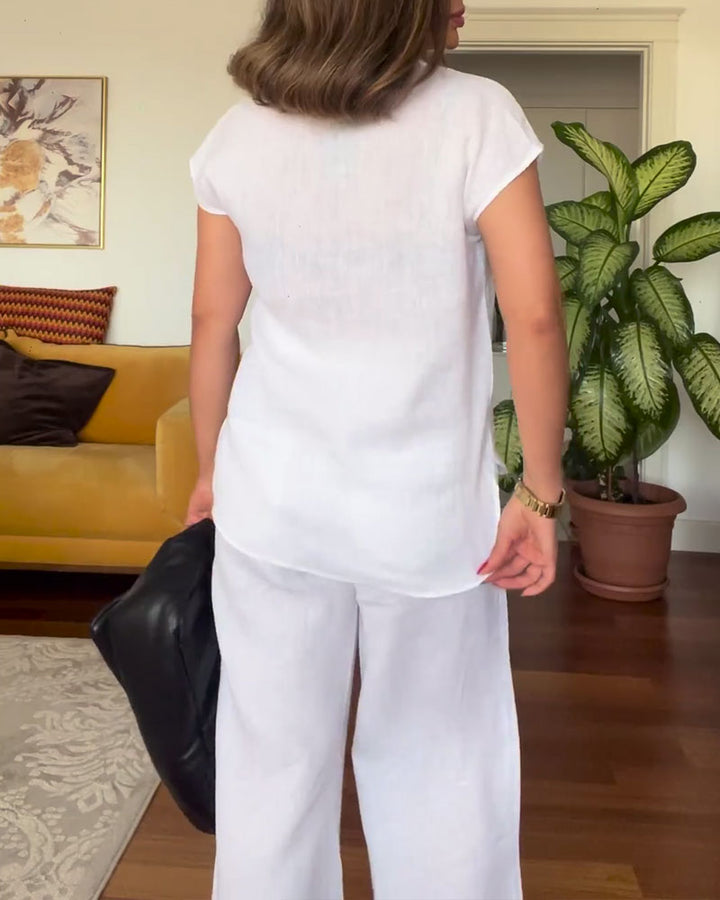 Quinara - Solid color cotton and linen casual pants suit