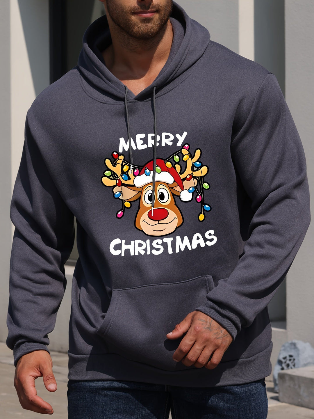 Men's Holiday Hoodie | Graphic Reindeer Print | Fleece Pullover Fit